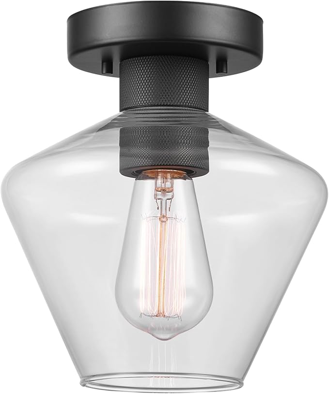 Globe Electric Harling 1-Light Semi-Flush Mount Ceiling Light, Matte Black, Clear Glass Shade, Diamond Knurl Texture on Socket, Home Improvement, Dining Room, Kitchen