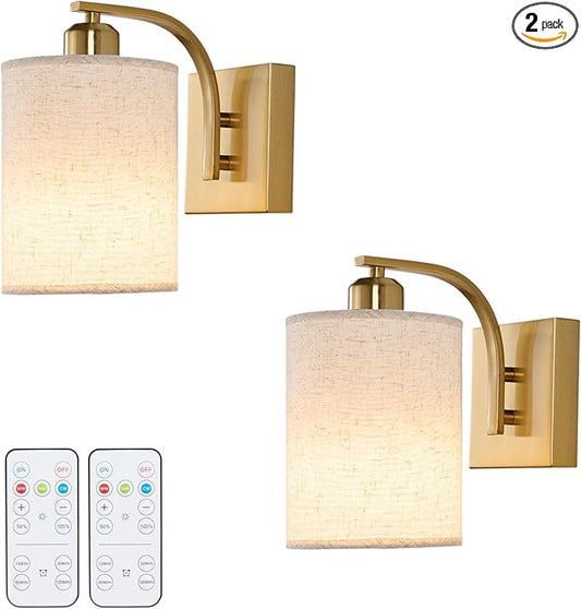 Powfloven Gold Rechargeable Battery Operated Wall Sconces Set of 2 with Remote, Wireless Dimmable Battery Powered LED Wall Lights, Cordless Wall Lighting Lamp Fixture for Bedroom Living Room