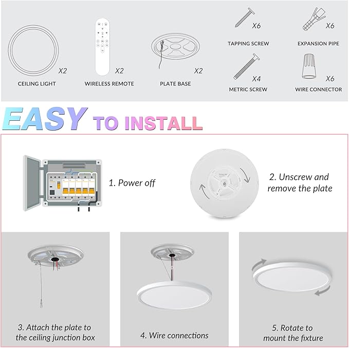 2 Pack 16 Inch Smart RGB LED Ceiling Light with Remote, WiFi Flush Mount Ceiling Light Compatible with Alexa & Google Home, 32W=3200LM Dimmable, DIY Colors, for Bedroom Living Room