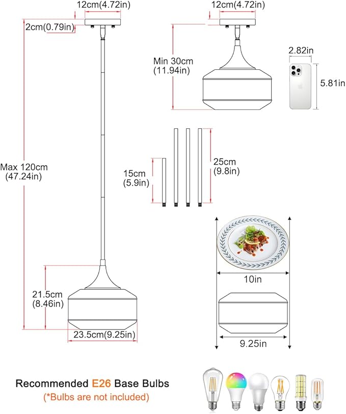 Brushed Nickel Pendant Light, Pendant Lights Kitchen Island with Large Globe Glass Lampshade, Pendant Light Fixtures with Adjustable Cable, Hanging Light for Dining Room Bathroom Bedroom, E26 Base