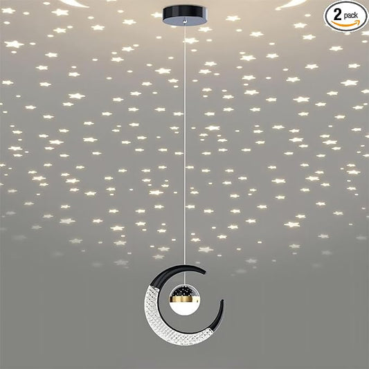 7.9-Inch Moon Shaped Star Bedside Pendant, Acrylic Pendant Light, Modern LED Pendant for Bedroom, Living Room - 2-Piece Set, Black Warm Light