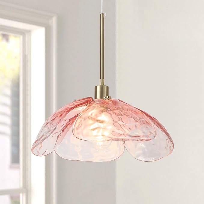 Pink Glass Pendant Lights Kitchen Island, 14'' Vintage Hanging Light Fixtures with Hammered Glass Flower Shade, Brass Pendant Ceiling Light for Kitchen Sink Hallway Bedroom
