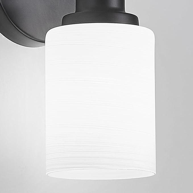 2-Light Vanity Lights, Black Bathroom Light Fixture with Striped Textured Milky White Glass Shade, Modern Vanity Lighting Fixture for Bathroom Wall Light Over Mirror, E26 Wall Sconce
