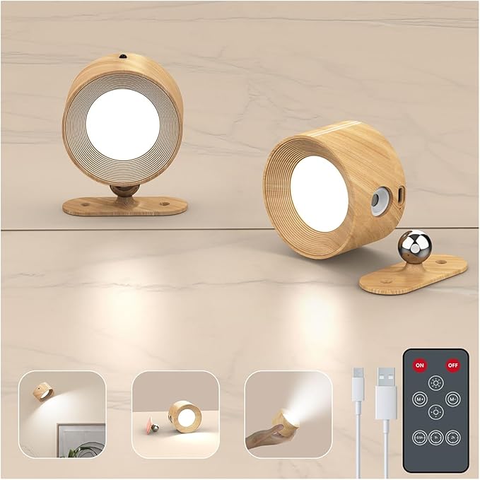Deyagoo 2PACK LED Wall Sconce - Rechargeable Cordless Wall Light, 3 Colors & 3 Brightness Levels, 360° Magnetic Rotating Head, Bedside Reading Lamp, Easy Install Battery Operated Lamp Wood