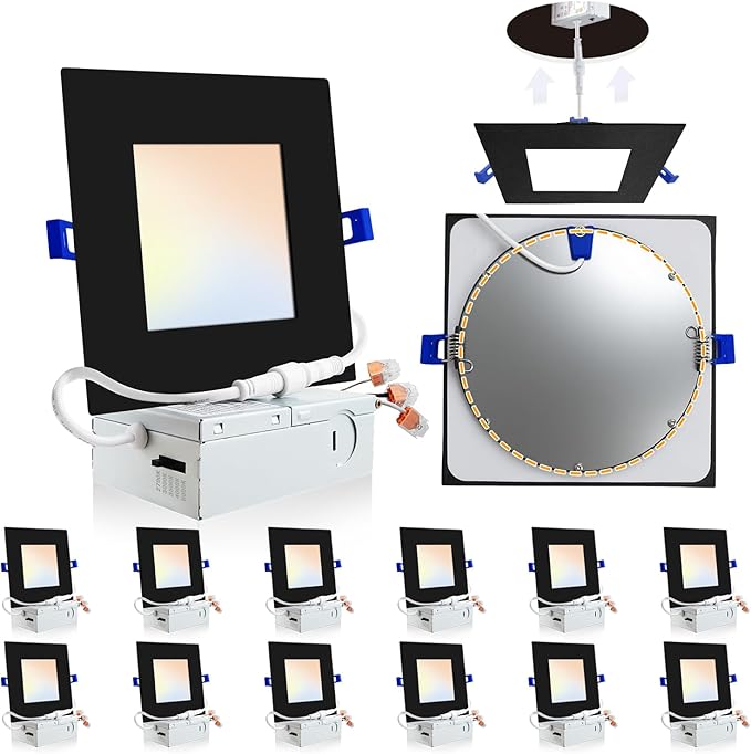 Adetu 12 Pack 6 inch Square Led Recessed Lighting,5CCT Ultra Thin Square Led Ceiling Light with Junction Box,14W 1190LM, CRI90, 2700K-5000K Selectable, Dimmable Canless Downlight, ETL and Energy Star