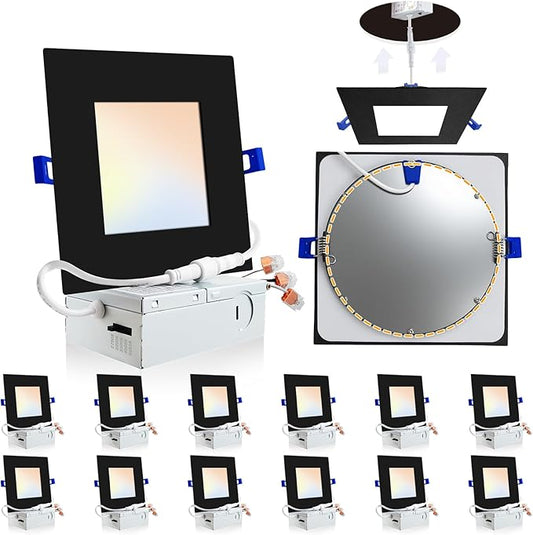 Adetu 12 Pack 6 inch Square Led Recessed Lighting,5CCT Ultra Thin Square Led Ceiling Light with Junction Box,14W 1190LM, CRI90, 2700K-5000K Selectable, Dimmable Canless Downlight, ETL and Energy Star