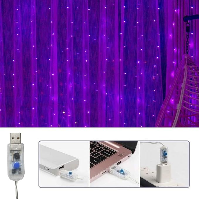 Curtain String Lights Halloween Decor, 300 LED Twinkle Lights with Remote Timer USB Power 8 Modes Purple Fairy Lights for Bedroom Wall, Tapestry, Window, Christmas Decor-9.8ft x 9.8ft(Purple)