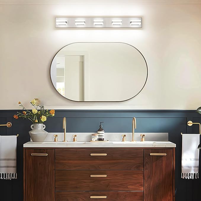 SOLFART Bathroom Brushed Nickel Bathroom Light Fixture, Vanity Lights Over Mirror, 5 Light Led Lights for Bathrooms,5 Color Temperature Adjustable Vanity Lights for Bath Nickel