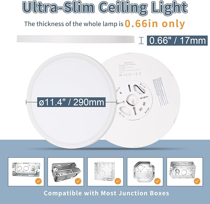 11.4 Inch 6PK LED Flush Mount Ceiling Light, ETL ,24W, 2427LM, 3000K/3500K/4000K/5000K/6500K CCT Selectable, 0.66in Ultra Thin Round Flat Panel Ceiling Light Fixture for Bedroom, Kitchen, (White)