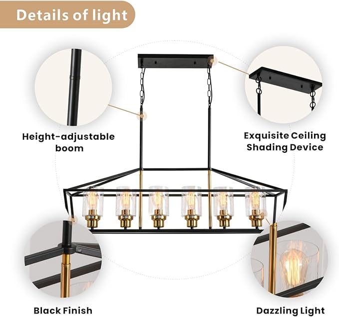 Black Kitchen Island Lighting, 6-Light Modern Farmhouse Dining Room Light Fixtures Over Table, Rectangle Linear Chandelier with Bubble Seeded Glass Shade and Brushed Brass Socket