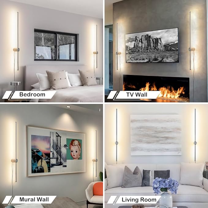 Brush Nickel Plug in wall Sconces Set of Two, Modern LED Wall Lamp with Remote Control, 3 CCT 3000K-5000K Dimmable, Plug in Wall Light with Timer, 39.4 Inches Wall Sconces with Memory Function
