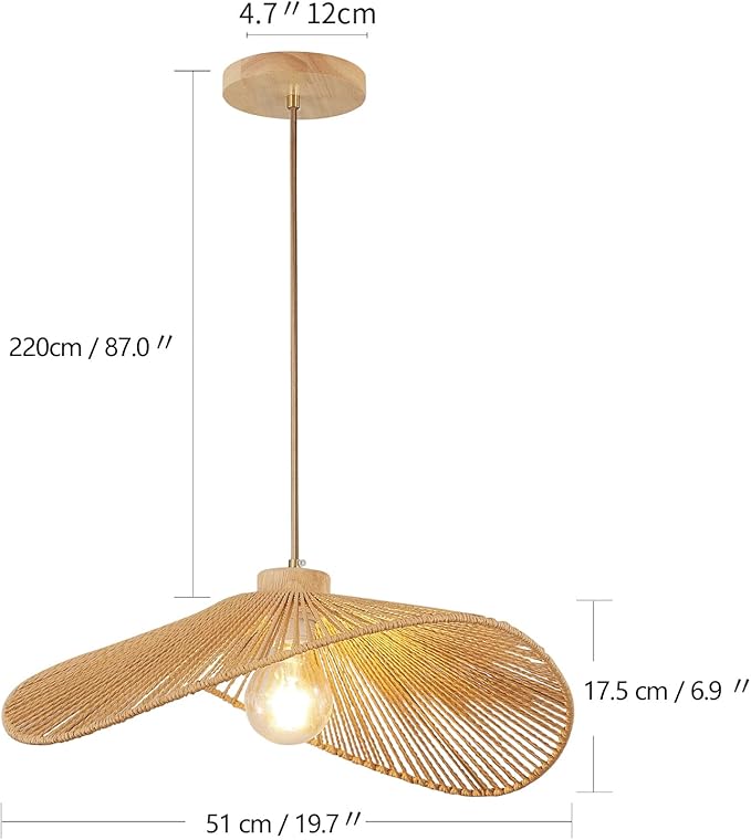 Boho Rattan Pendant Light Fixture Modern Style Hanging Light Bohia Natural Bamboo Handmade2-Light Hanging Lamp for Farmhouse Bedroom Living Room Dining Room M Size