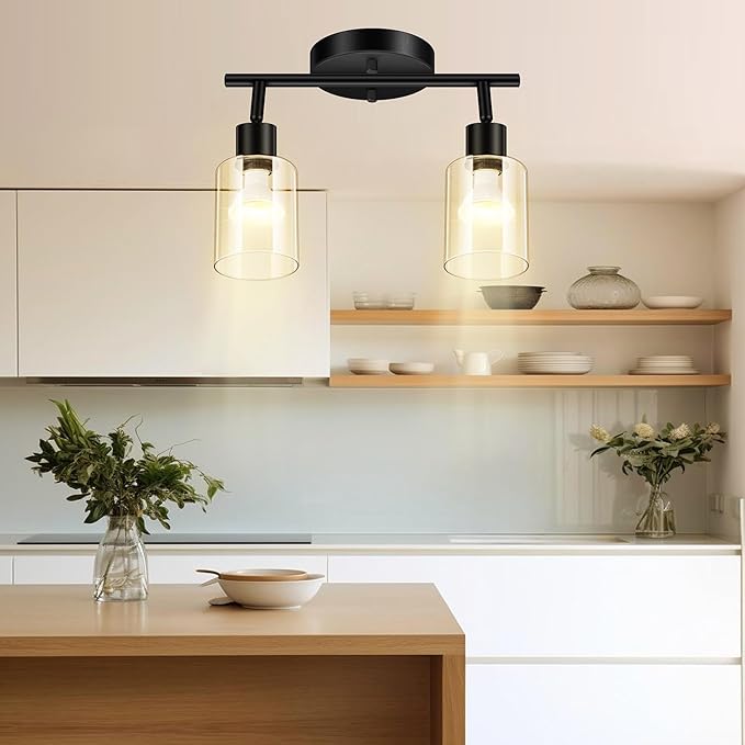 BoostArea Modern 2 Way Black Ceiling Spot Light With Glass Shade and Flexibly Rotatable Head - Perfect for Kitchen, Dining Room, Bedroom, Hallway