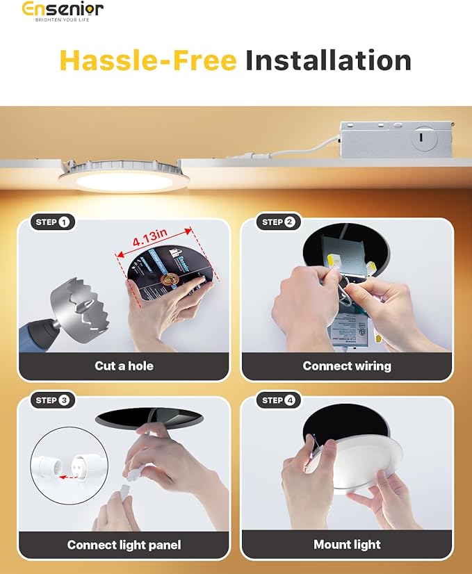 Ensenior 6 Pack 4 Inch LED Recessed Light, Dimmable, 5000K Daylight, 750LM High Brightness, 9W 120V, Damp Rated, Ultra-Thin Canless Wafer Ceiling Light - ETL & FCC & IC
