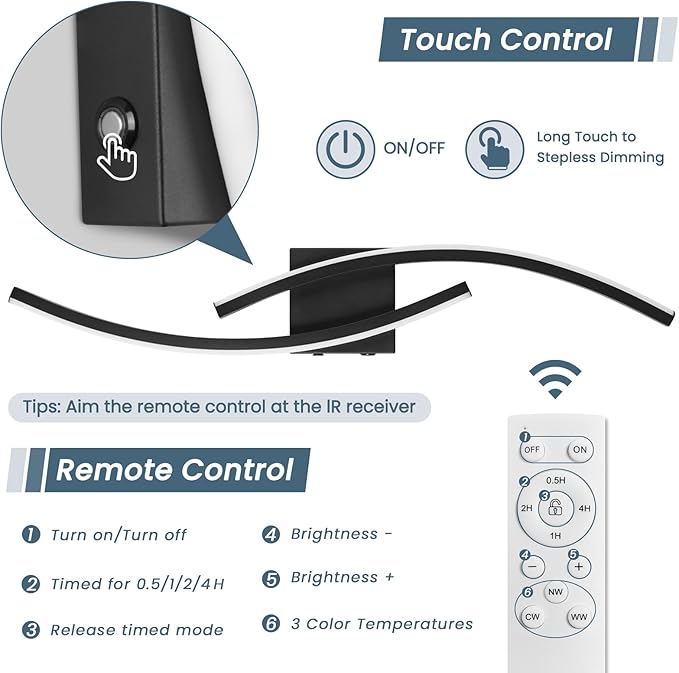 15000mAh Battery Operated Wall Sconce,Black Wall Sconces with Remote Control,3000K-6000K Modern LED Wireless Wall Light for Living Room, Hallway, Bedroom, 39.3 Inch