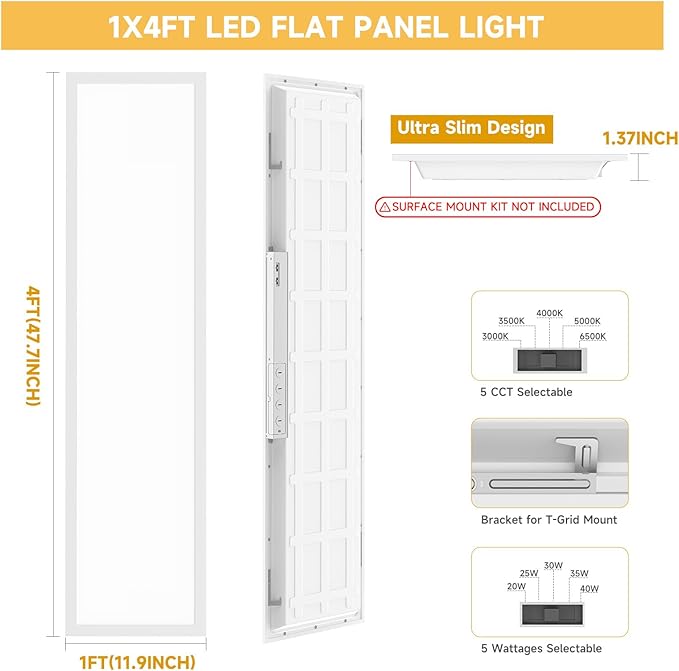 2 Pack 1x4 LED Flat Panel Light Drop Ceiling Office Fixture,Surface Mount Drop Ceiling Fixture,5040LM, 20W/25W/30W/35W/40W Selectable,3000K/3500K/4000K/5000K/6500K 5CCT,Dimmable (0-10V),ETL Listed