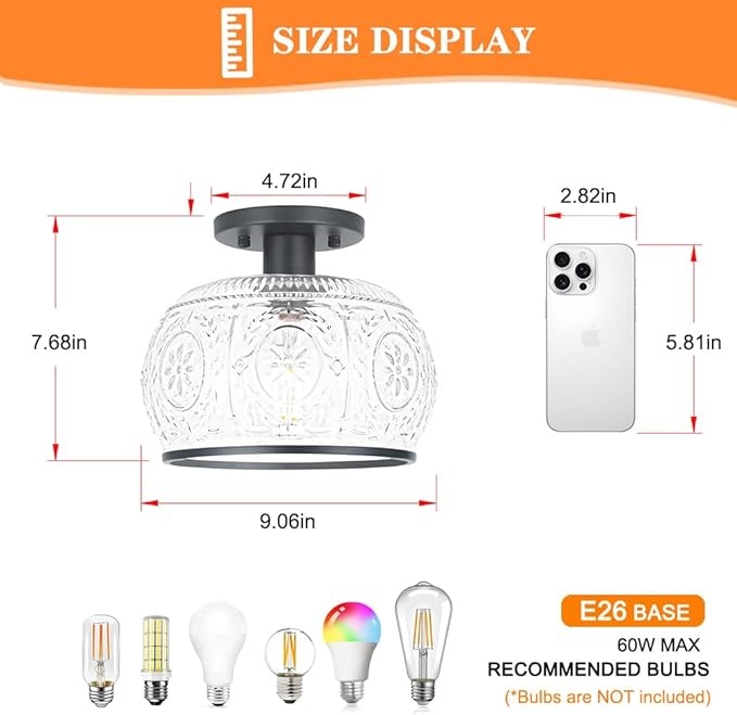 Black Vintage Semi-Flush Mount Ceiling Light with Globe Glass. Ideal for Small Kitchen, Closet, Hallway, Entryway, and Bathroom Lighting