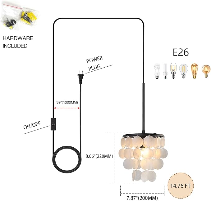 14.76ft Capiz Shell Pendant Light Fixture, 7.87” 1-Light Plug in Shell Black Chandelier with ON/Off Switch for Kitchen Island, Dining Room, Bedroom Room, Living Room