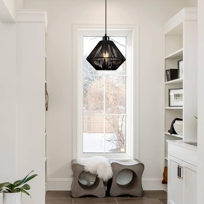 Black Woven Plug in Pendant Light Fixture, 9.65’’ Rustic Farmhouse Pendant Hanging Light with Plug in Cord & On/Off Switch for Kitchen Island Living Dining Room Bedroom Foyer