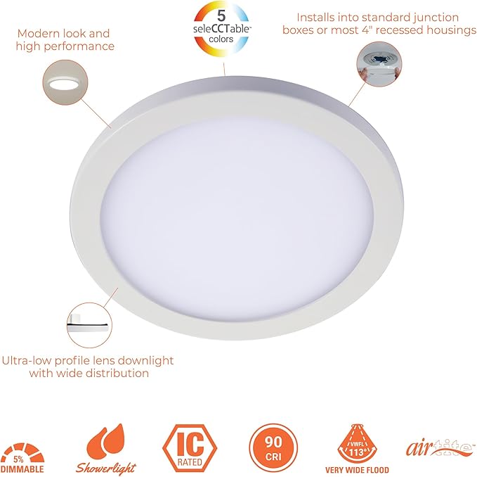 HALO 6 in Round Integrated LED Surface Mount Recessed Downlight Trim 6-Pack, Selectable CCT 2700K-5000K, Wet Rated for Shower and Outdoor Lighting Applications, Energy Star, White - SMD6R07FS5-6PK
