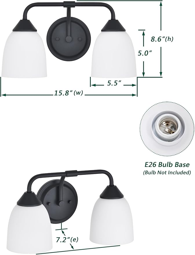 Black 2-Light Traditional Bathroom Vanity Light Fixtures Over Mirror, Modern Vanity Lights for Living Room, Standard E26 Base, Textured Black