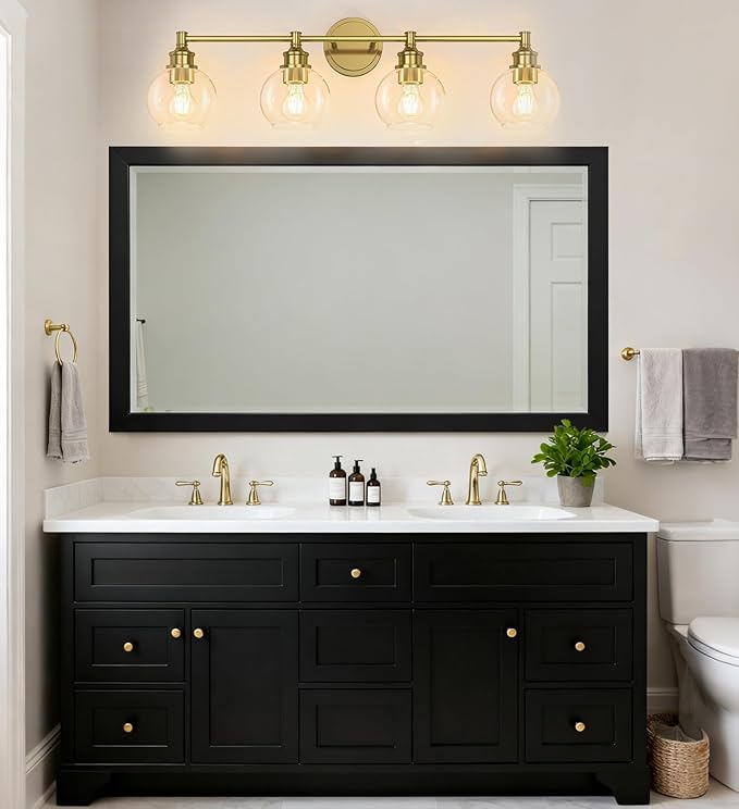 Bathroom Light Fixtures, 4-Light Brushed Gold Vanity Light Globe Glass Shades, Bathroom Lighting Fixtures Over Mirror, Wall Sconces for Master Bathroom, Guest Bathroom, Powder Room, 28-inch