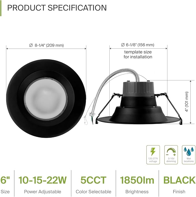 ASD 6 Inch Commercial Canless LED Downlight, Power Adjustable 10/15/22W Lighting, Dimmable Recessed Ceiling Light Fixture, 5 Color Temperatures 2700K-5000K, 120-277V IC Rated UL & Energy Star 8 Pack