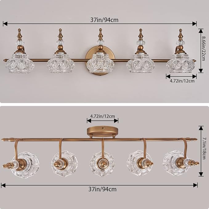 Brass 5-Light Bathroom Vanity Light, Vintage Bathroom Lighting Fixtures with Thick Crystal Glass Shade, Living Room