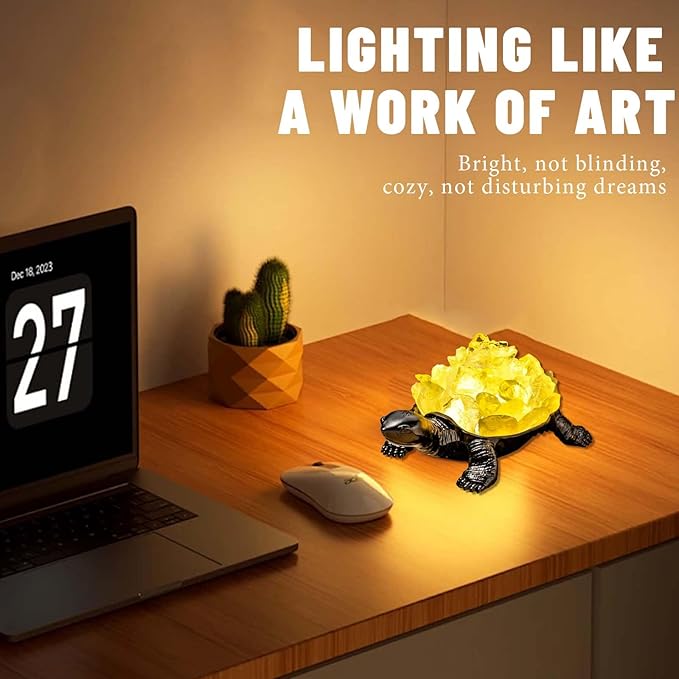 Runyangshi Natural Citrine Turtle Night Lamp Healing Crystal Bedroom Bedside Table Lamp USB Port Home Decor Women Men Gift