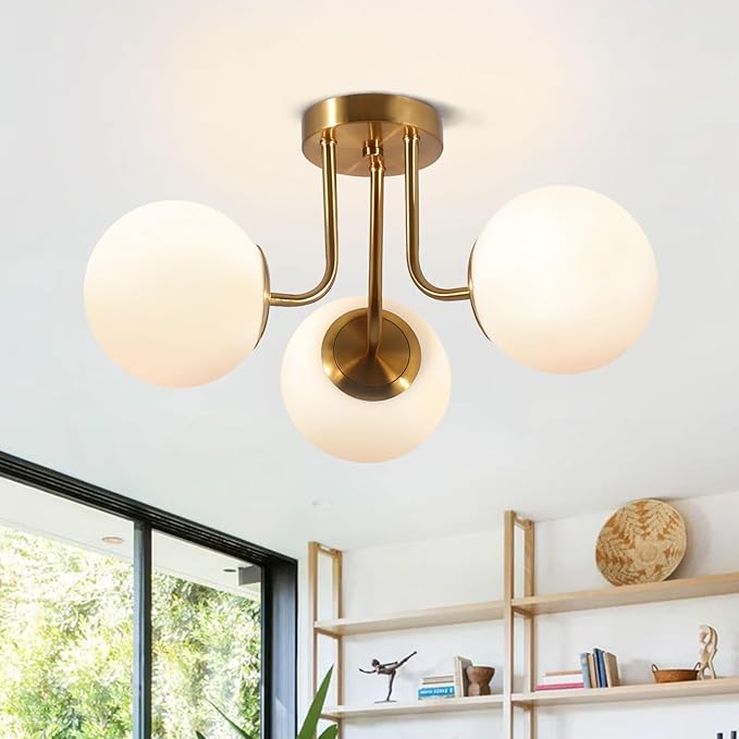Bektas 3-Lights Semi Flush Mount Ceiling Light Fixture Brushed Gold Light Fixture Bend Modeling with Milk Glass Globe for Bedroom,Living Room,Dinning Room Foyer Hallway