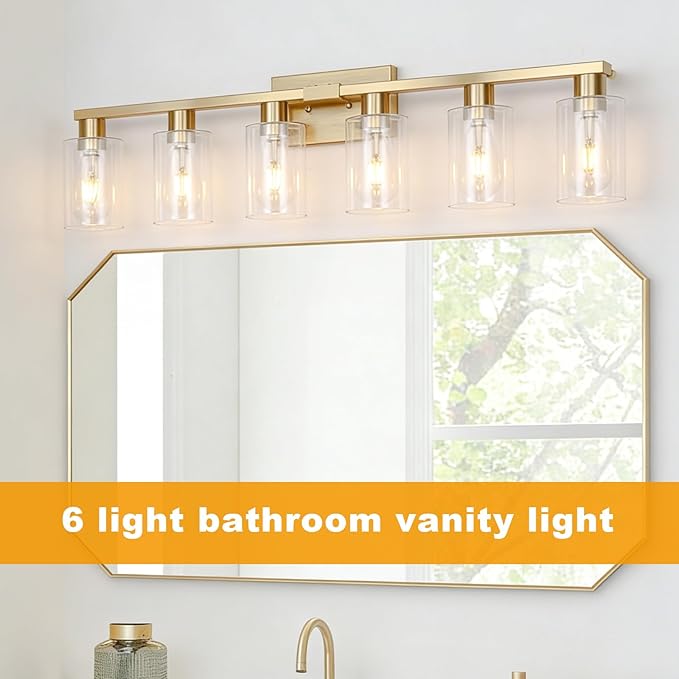 6 Light Bathroom Vanity Light Brushed Gold , Gold Bathroom Light Fixtures for Bathrrom Large Wall Sconce with Clear Glass Shade Rust and Moisture Prevention Easy to Install Vanity Lights over Mirror