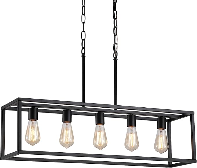 AMZASA Black Rectangle Kitchen Island Lights Rectangular Modern Industrial Chandelier for Dining Room 5 Lights Linear Vintage Cage Light Fixtures UL Listed