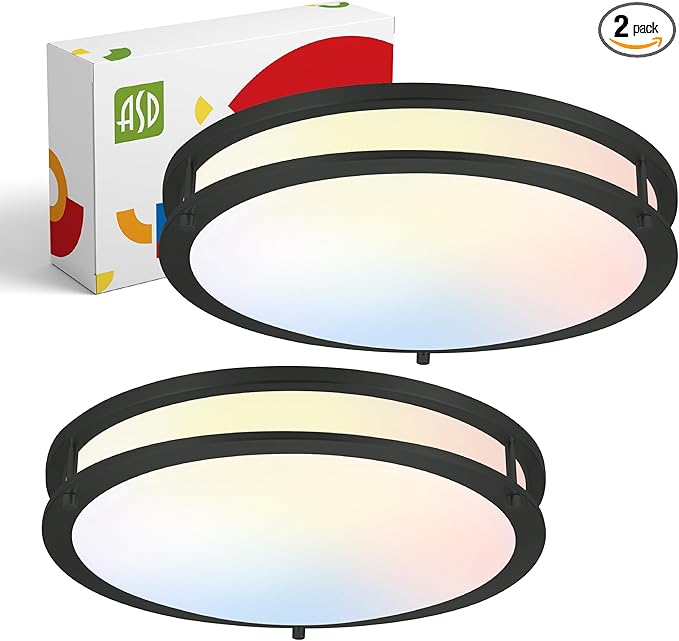 ASD LED 16" Round Flush Mount Lighting, Close to Ceiling Light Fixture | 3CCT, Dimmable, Energy Star, ETL Listed | 24W 1854LM 3000-5000K 120V | Low Profile Double Ring Lamp | Black, 2 Pack