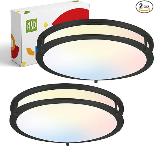 ASD LED 16" Round Flush Mount Lighting, Close to Ceiling Light Fixture | 3CCT, Dimmable, Energy Star, ETL Listed | 24W 1854LM 3000-5000K 120V | Low Profile Double Ring Lamp | Black, 2 Pack