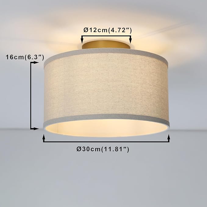 Yosoan Linen Indoor Hallway Ceiling Light Fixture, 1-Light Antique Brass Vanity Vintage Semi Flush Mount Light Retro Night Lamp for Bedroom Dinning Room Living Room Corridor Kitchen Entryway Passway