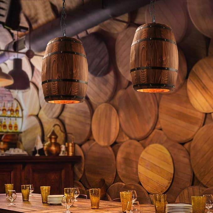 Newrays Antique Wood Wine Barrel Pendant Lamp Hanging Rustic Unique Kitchen Bar Ceiling Lamp Light Fixtures (M)