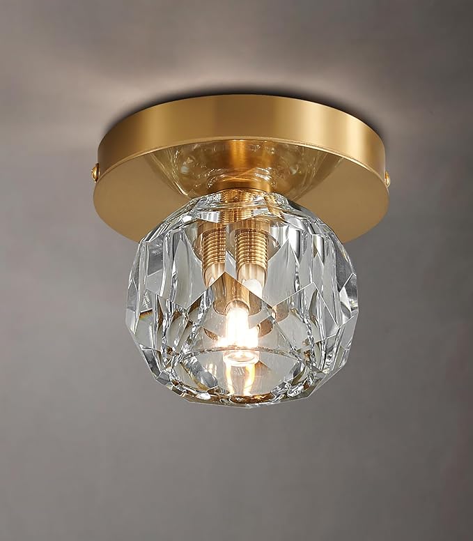 Crystal Small Chandelier Light Fixture: K9 Crystals Brass Semi Flush Mount Ceiling Lights - Gold Globe Wall Sconce - Modern Mini Chandeliers for Bedroom Hallway Bathroom Living Room Entrance Closet
