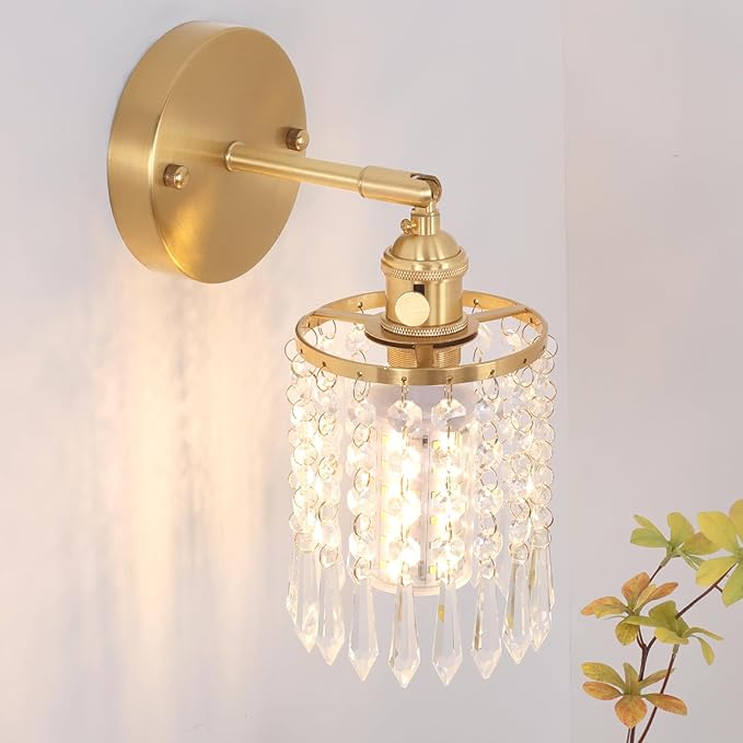 Shenmoyl Crystal Battery Operated Wall Sconce, Rechargeable Battery Powered Wall Lamp with Remote Control, Modern Dimmable Wireless Wall Lights Fixture for Bedroom Bathroom(Transparent, Gold Base)