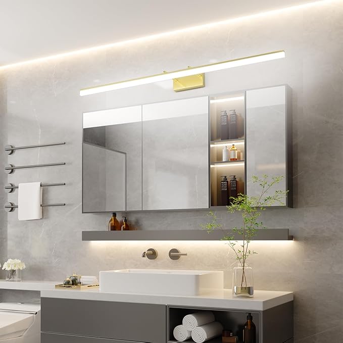 Aipsun 48inch Bathroom Vanity Light Brushed Gold Modern LED Vanity Lighting Over Mirror Adjustable Gold Wall Light for Bathroom (Cool White 5500K)