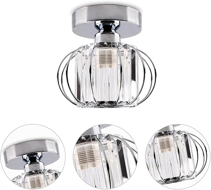 FRIXCHUR Small Chandelier Semi Flush Mount Ceiling Light Fixture Chrome Crystal Ceiling Lighting Modern Crystal Ceiling Light Fixture for Hallway Closet Kitchen Island Dining Room Bedroom E26 Base