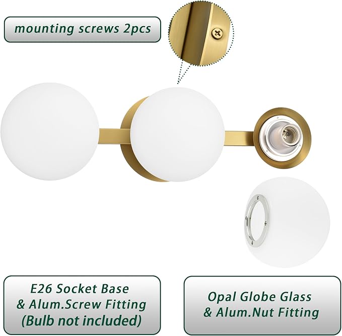 Bathroom Vanity Light Fixtures, Modern 3 Lights Globe Wall Sconce Lighting Aged Brass, Porch Wall Mount Light Fixture for Bathroom, Mirror Cabinets Hallway Stairs