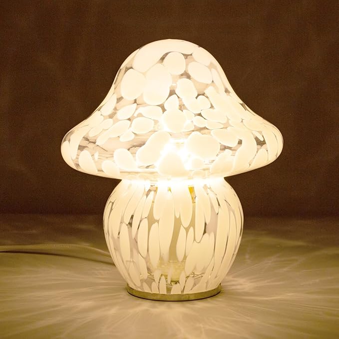 HEQET Mushroom Lamp Glass Mushroom Table Lamp for Bedrooms, Living Room, Aesthetic Lamps for Bedroom, Cute Bedside Lamp（White Dot）