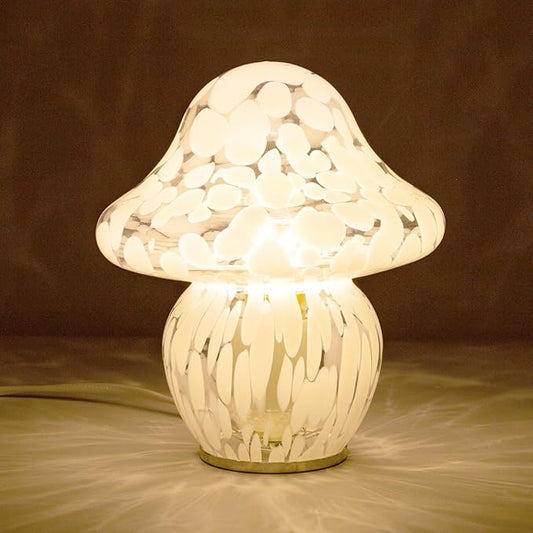 HEQET Mushroom Lamp Glass Mushroom Table Lamp for Bedrooms, Living Room, Aesthetic Lamps for Bedroom, Cute Bedside Lamp（White Dot）