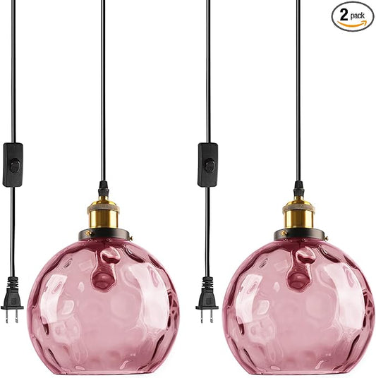 Pink Hanging Light Plug in 2 Pack, Hammered Glass Globe Hanging Ceiling Lamp Plug in, Mid Century Modern Pendant Lighting with Cord for Kitchen Island Sink Dining Room Girls Bedroom