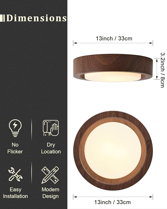 Walnut Wood Flush Mount Ceiling Light Fixture,13 Inch Ceiling Light with Frosted Glass Shade,High Deep Profile Round Ceiling Lights for Hallway Bedroom Closet Livingroom