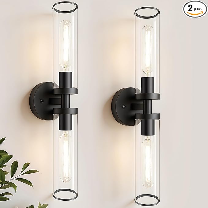 Black Wall Sconces, Set of 2, 22'' Modern Vanity Lights Fixture for Bathroom with Clear Glass, Wall Sconces Lighting, for Living Room/Bathroom Hallway Mirror/Bedroom (Bulbs Not Included)