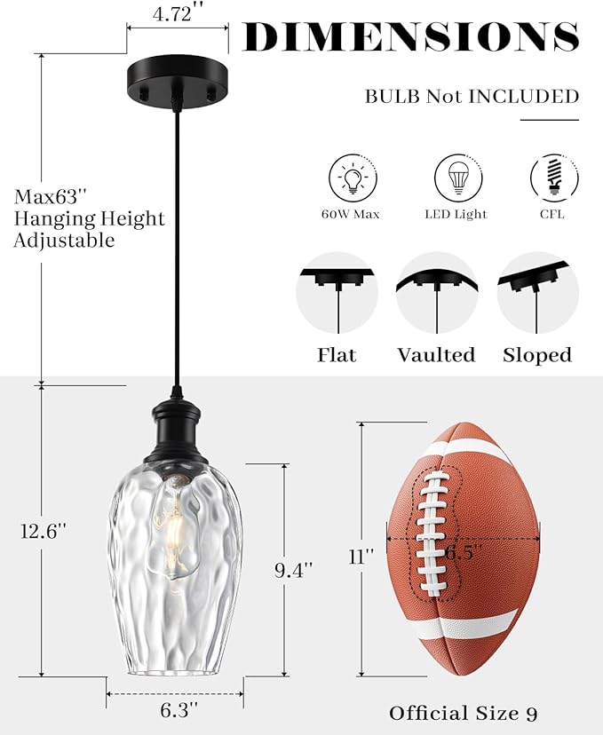 Pendant Lights Kitchen Island, 6.3” Black Blown Glass Pendant Lights 1-Pack, Farmhouse Pendant Light with Clear Hammered Glass, Modern Kitchen Pendant Light for Dining Room, Bathroom, Cafe