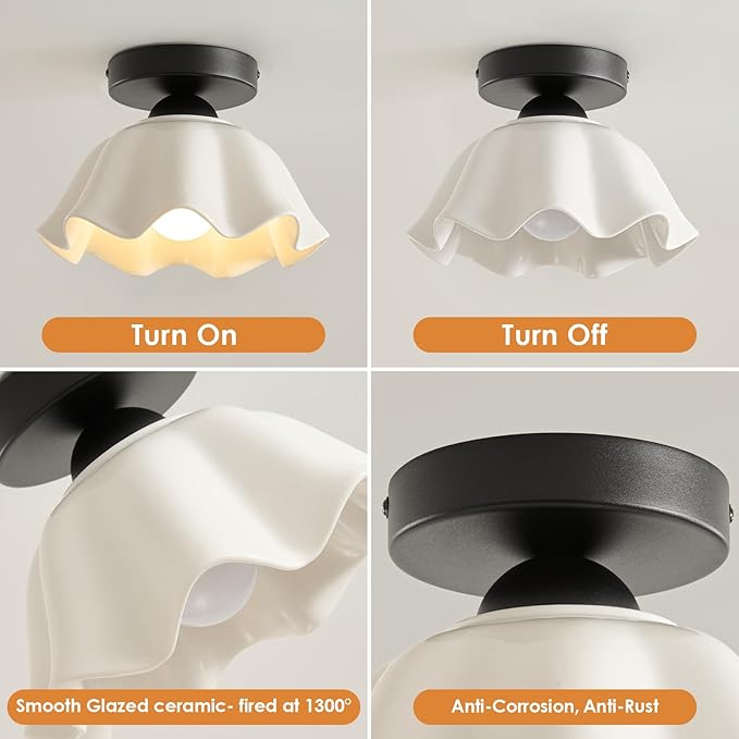 2 Pack Semi Flush Mount Ceiling Light - Flower Glaze Ceramic, Black Vintage Hallway Light Fixtures, White Globe Ceiling Lights, Mid Century Small Light Fixture for Cottage Entryway Laundry Room Foyer