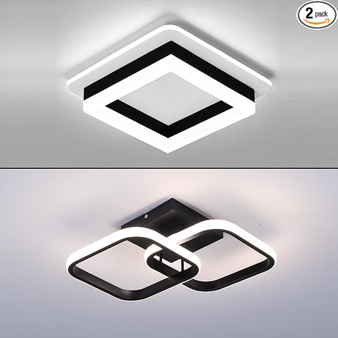 CANEOE 2 Packs Led Ceiling Light Fixture,Modern Hallway Light fixtures Ceiling Lighting,Black Square Close to Ceiling Lights for Bathroom Bedroom Kitchen Balcony Stair