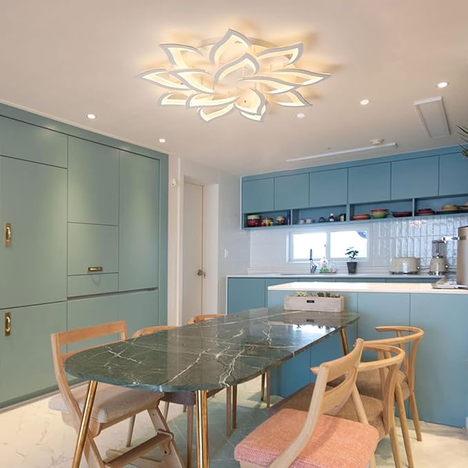 Garwam LED Dimmable Flower Shape Ceiling Light 14-Head Modern Petal Flush Mount Ceiling Lamp with Remote Control White Metal Acrylic Ceiling Chandelier Lighting for Living Room Bedroom Dining Room